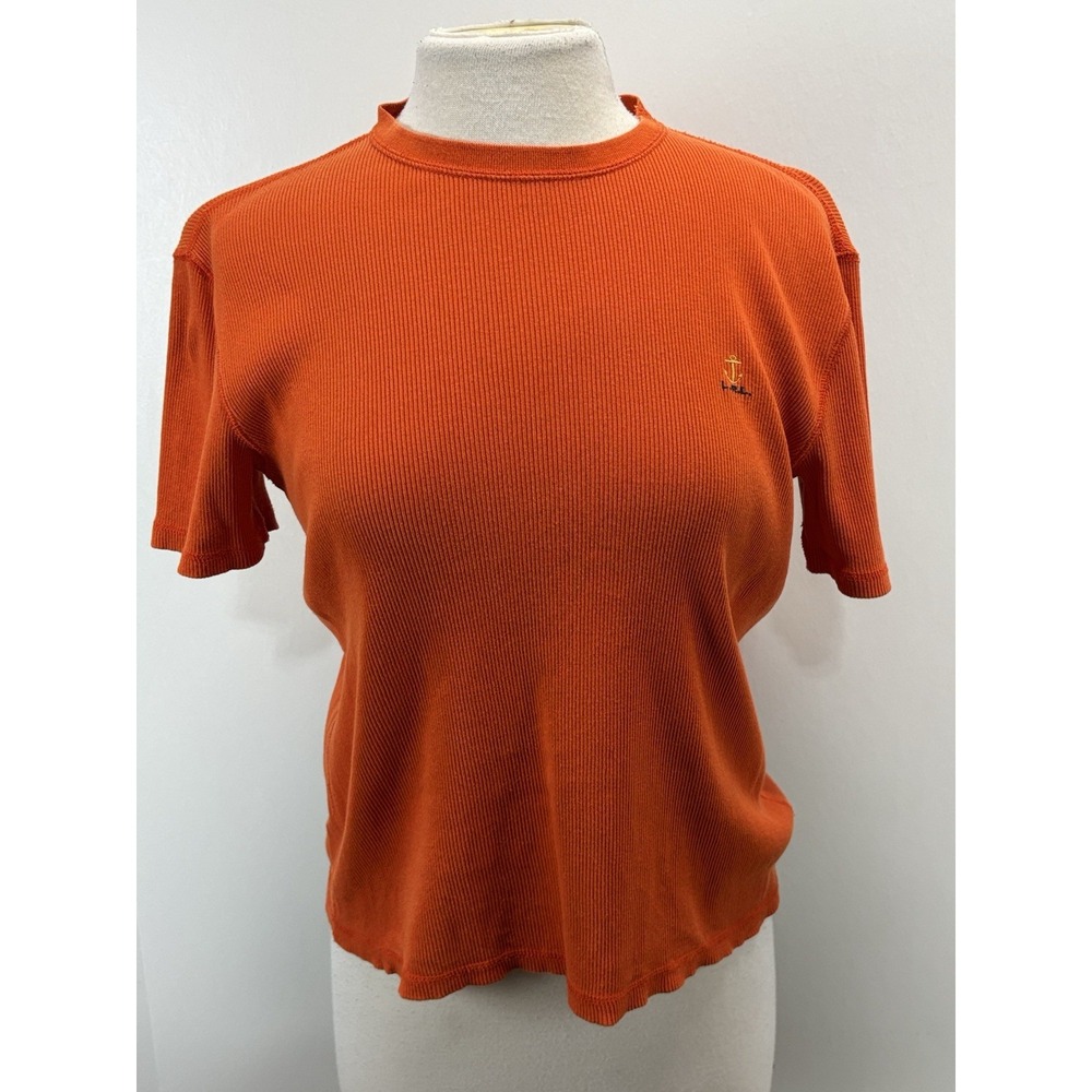 Vtg Lauren Ralph Lauren Ribbed Tshirt Top Women's L Orange Anchor Nautical Y2K